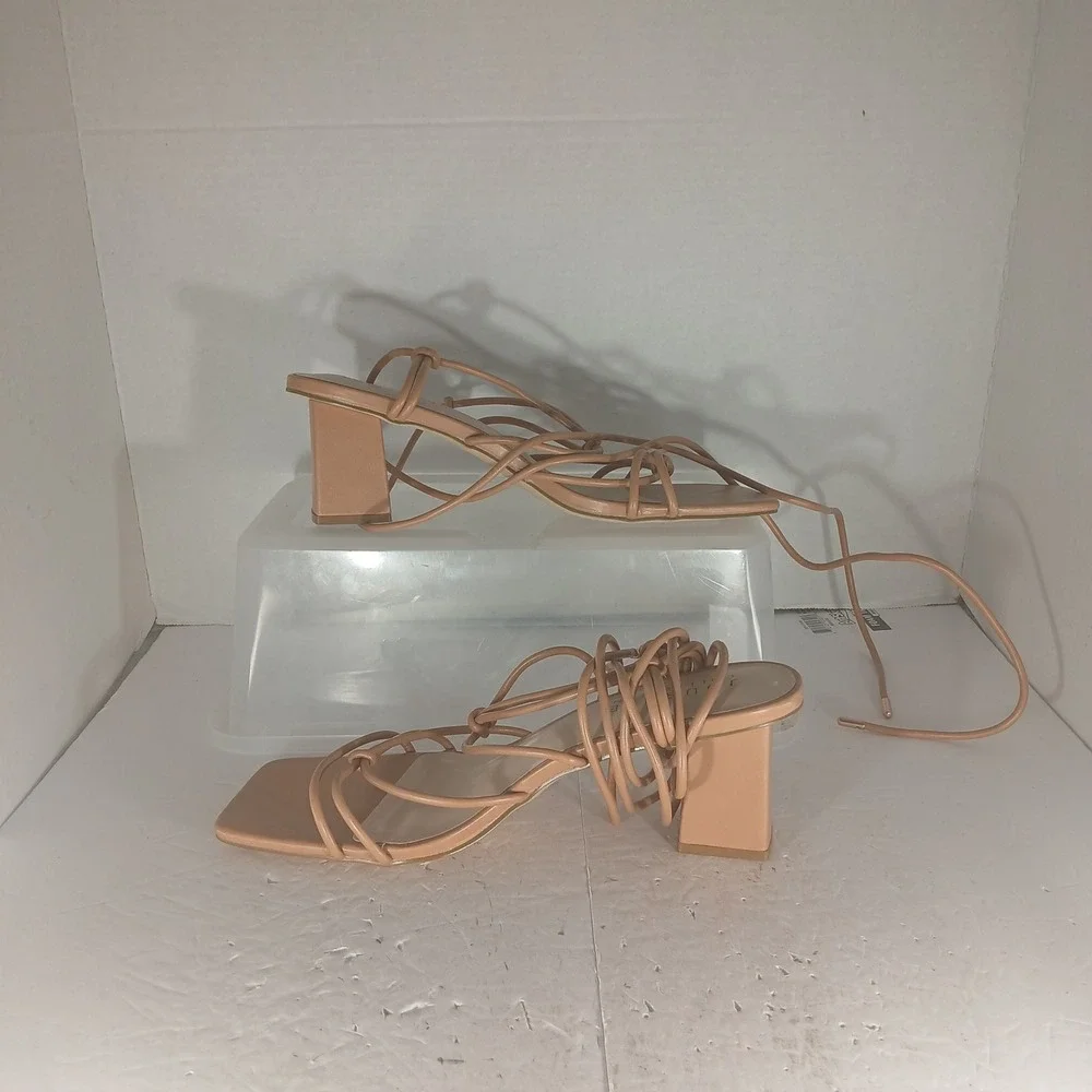 Journee Collection Strappy Block Heel Sandals 12 Nude Lace Up Square Toe X1387